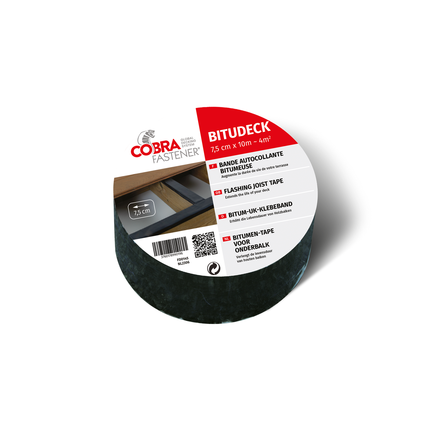 Rouleau de ruban bitumeux Bitudeck 7,5 cm x 10 m, étiquette multilingue visible, posé sur fond blanc.