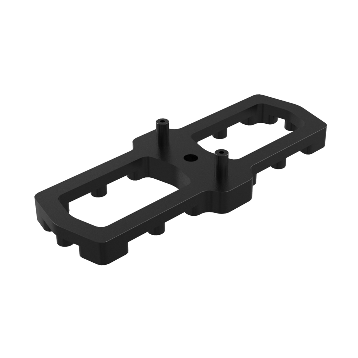 Composant plastique noir rectangulaire avec découpes et deux plots cylindriques, référence ou marque non lisible, présenté sur fond blanc neutre.