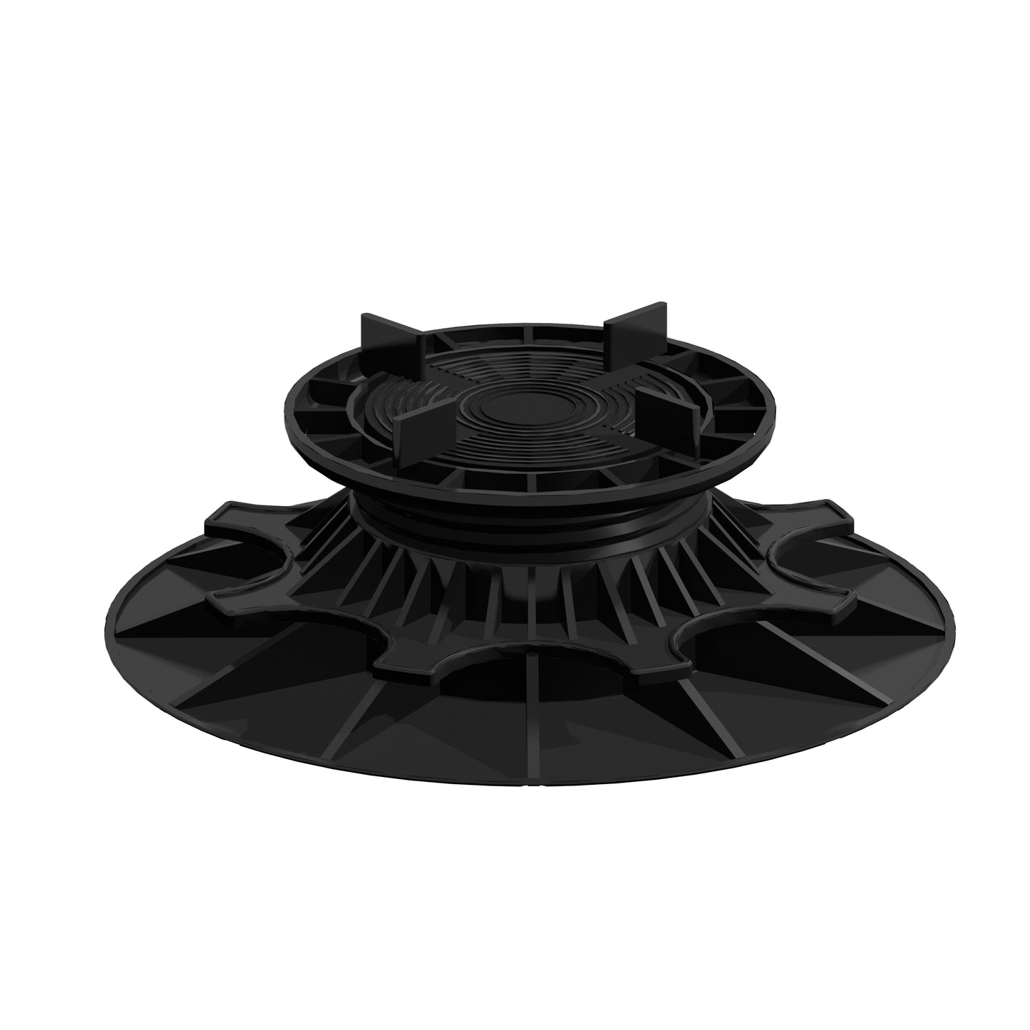 Plot réglable pour terrasse en polypropylène noir, base circulaire large, centre nervuré, sans indication de marque ni référence visible, fond blanc.