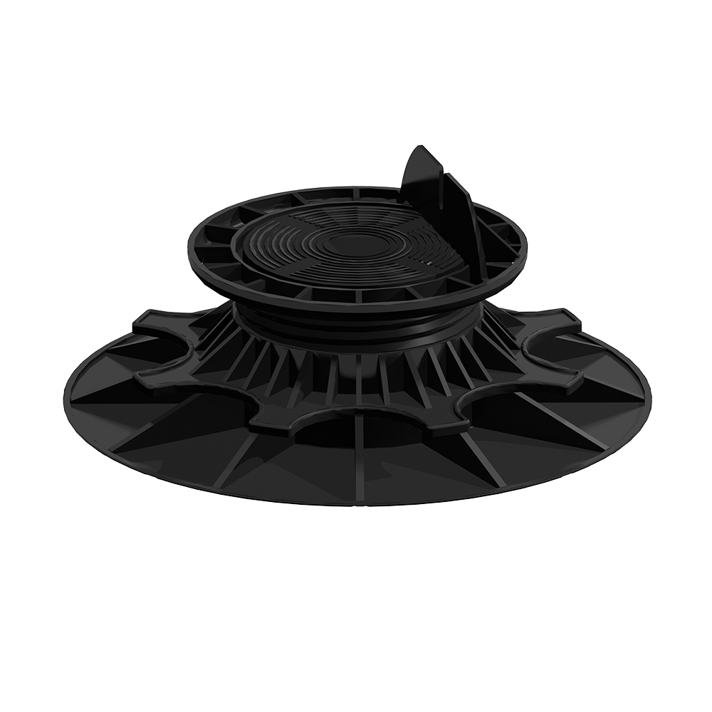 Socle réglable noir, base circulaire large, filetage central visible ; matière plastique ; modèle pour support de terrasse ou plancher. Aucune référence lisible.