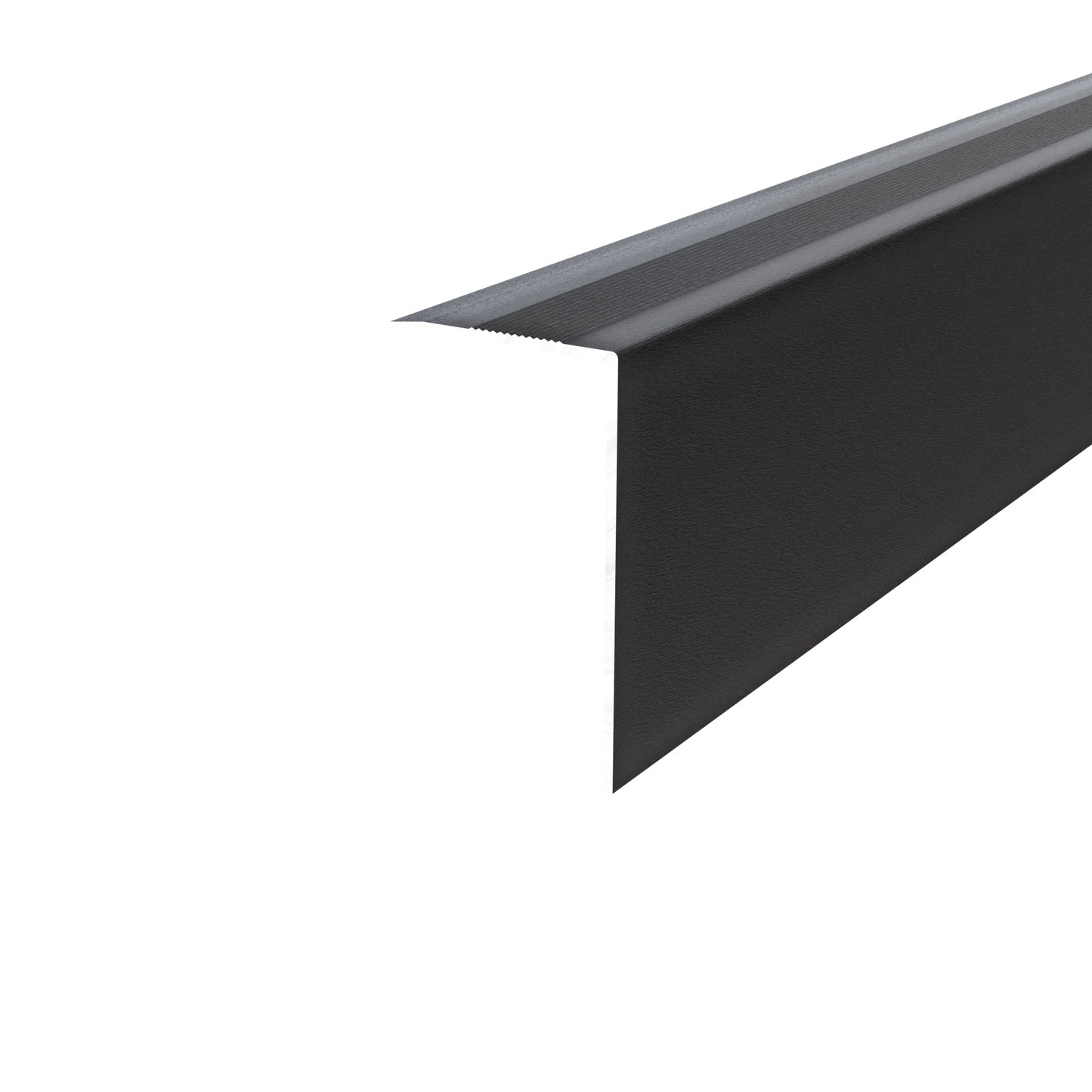 Cornière d'angle L en métal noir, surface texturée, posée sur fond blanc. Référence ou marque non visible.